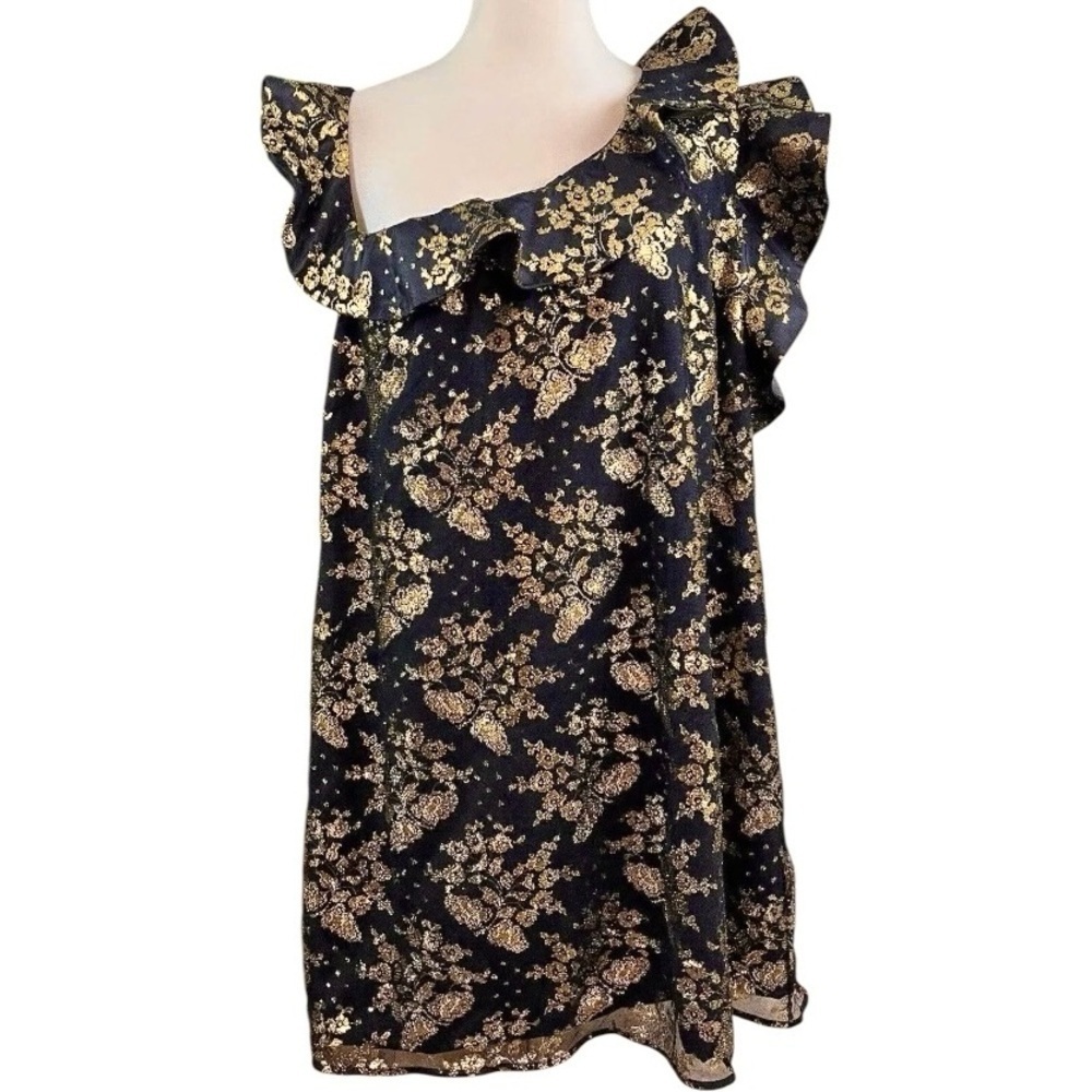 Nha Khanh Viera Off-Shoulder Ruffle Floral Metallic Foil Dress Black Gold Sz 22